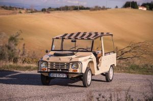 Deze Mehari 4 x 4 werd in Parijs geveild. De toch al zeldzame quat quat is in deze kleur uniek. De koper had een bedrag van €50.100 inclusief veilingkosten voor deze Mehari over. Afbeelding: Artcurial