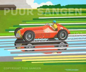 In een geheel eigen stijl schildert Tom Sangen historische racewagens, zoals deze Alfetta GT Tipo 158. Copyright: Tom Sangen