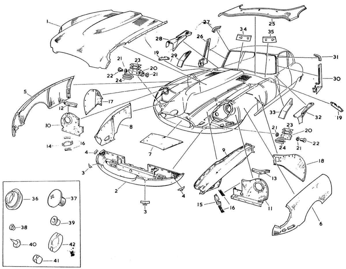 Jaguar E-Type opengewerkte tekening