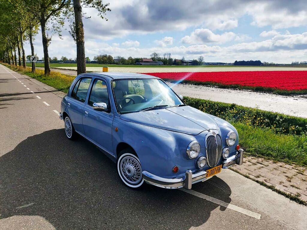 Mitsuoka Viewt in pastelblauw, rijdend langs kleurrijke bollenvelden